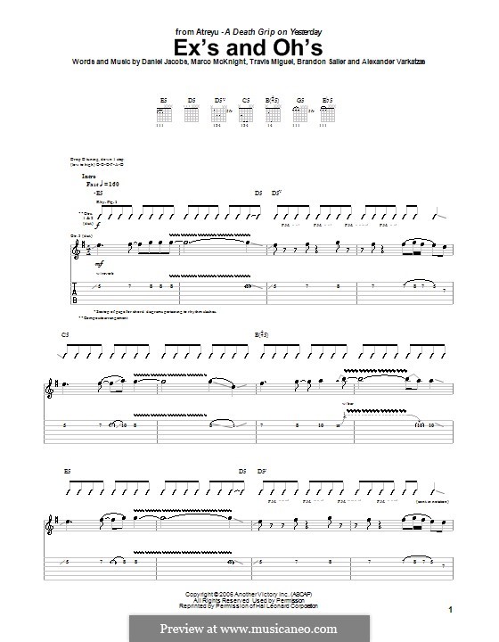 Ex's and Oh's (Atreyu): For guitar with tab by Daniel Jacobs, Alexander Varkatzas, Brandon Saller, Marco McKnight, Travis Miguel