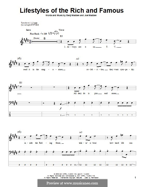 Lifestyles of the Rich and Famous (Good Charlotte): For bass guitar with tab by Benji Madden, Joel Madden