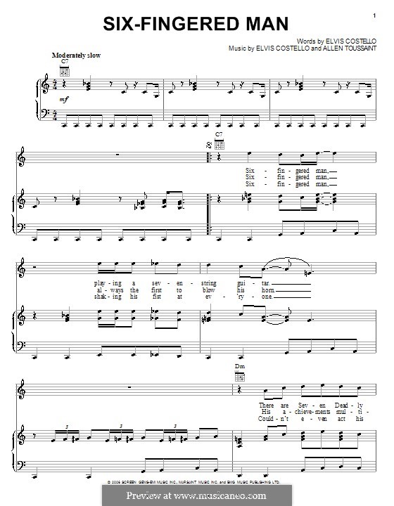 Six-Fingered Man: For voice and piano (or guitar) by Elvis Costello