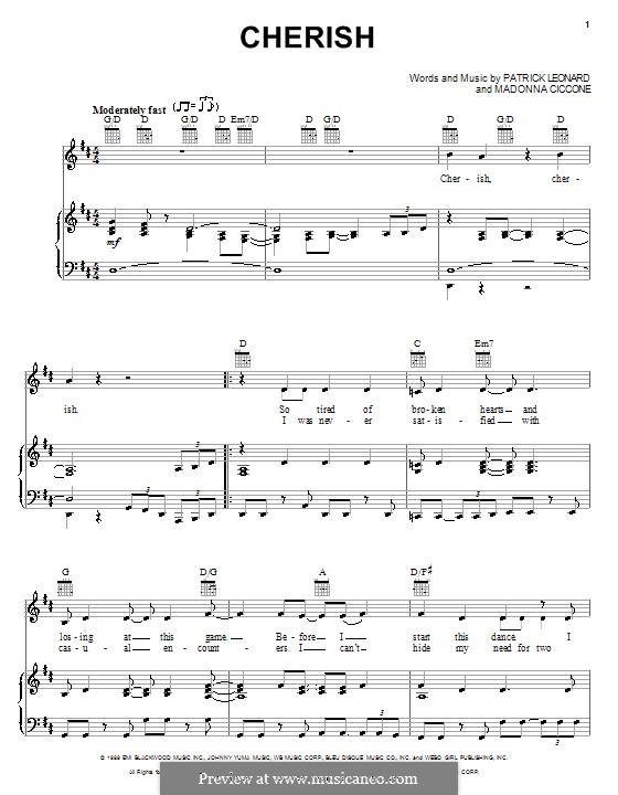 Cherish (Madonna): For voice and piano (or guitar) by Patrick Leonard