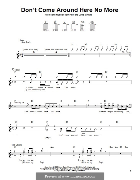Don't Come Around Here No More (Tom Petty and The Heartbreakers): For guitar (with strumming patterns) by David A. Stewart