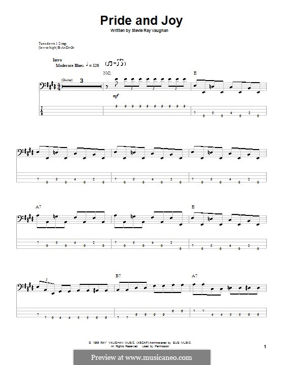 Pride and Joy: For bass guitar with tab by Stevie Ray Vaughan