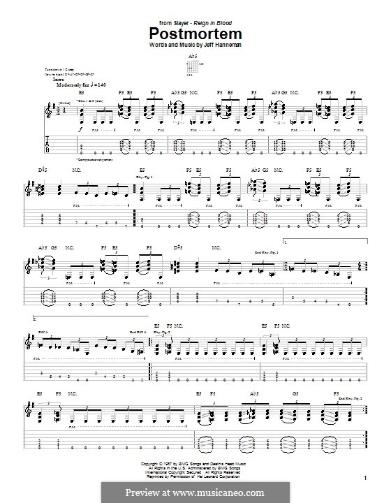 Postmortem (Slayer): For guitar with tab by Jeffery Hanneman