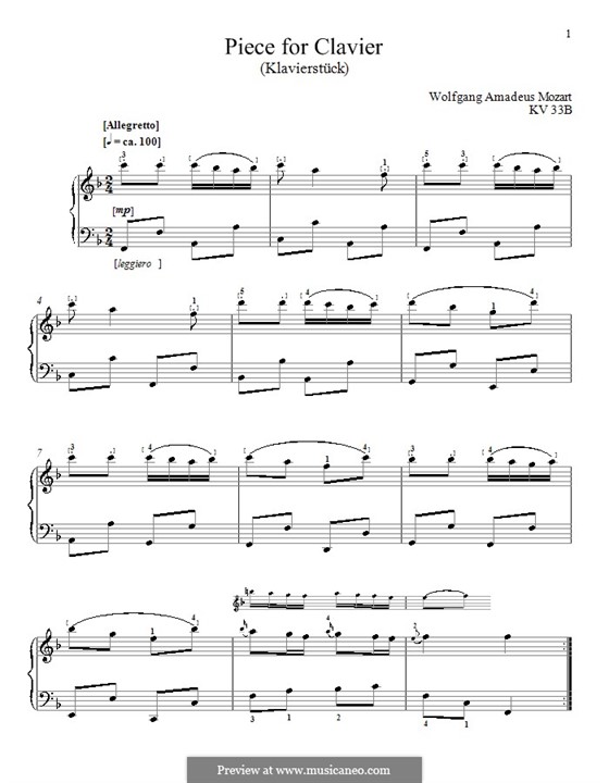 Piece for Piano in F Major, K.33b: For a single performer by Wolfgang Amadeus Mozart
