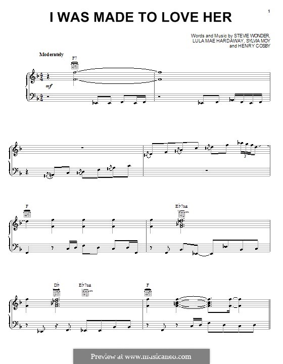 I Was Made to Love Her (Stevie Wonder): For voice and piano (or guitar) by Henry Cosby, Lula Mae Hardaway, Sylvia Moy