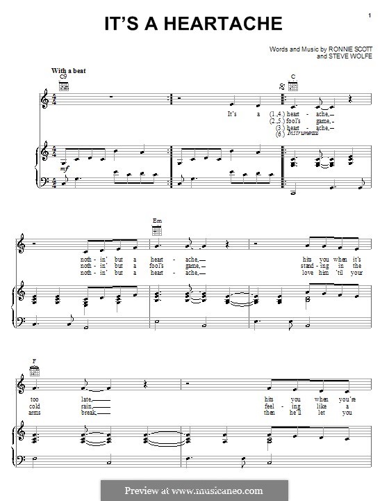 It's a Heartache (Bonnie Tyler): For voice and piano (or guitar) by Ronnie Scott, Steve Wolfe