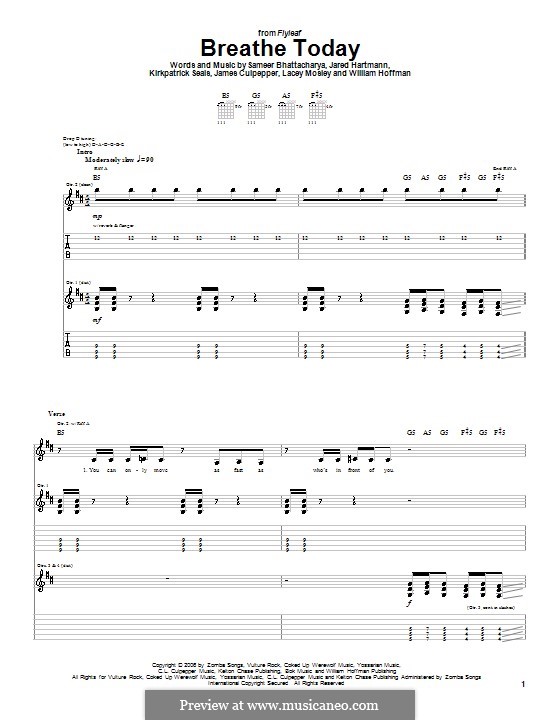 Breathe Today (Flyleaf): For guitar with tab by James Culpepper, Jared Hartmann, Kirkpatrick Seals, Lacey Mosley, Sameer Bhattacharya, William Hoffman