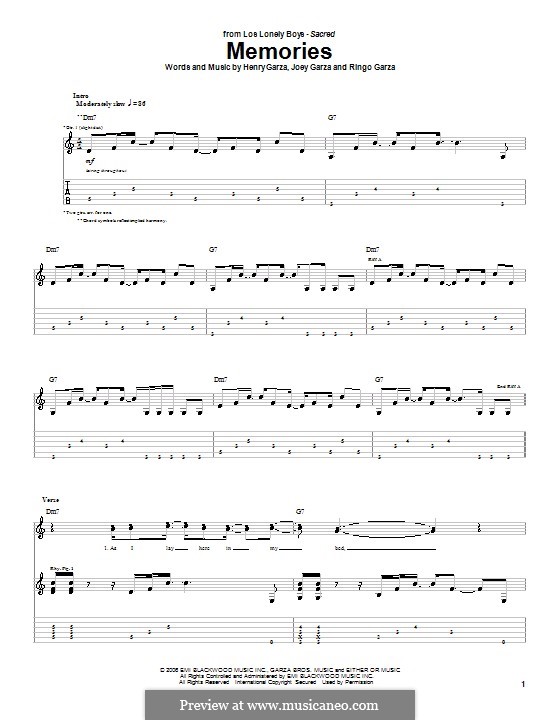 Memories (Los Lonely Boys): For guitar with tab by Henry Garza, Joey Garza, Ringo Garza