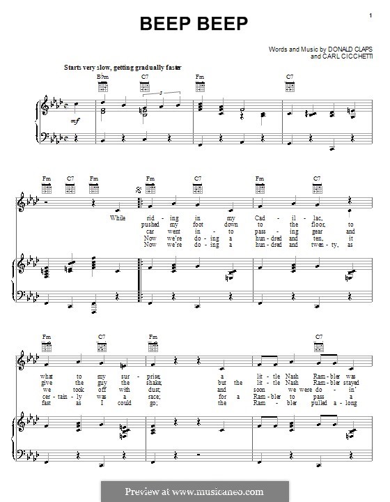 Beep Beep (The Playmates): For voice and piano (or guitar) by Carl Cicchetti, Donald Claps