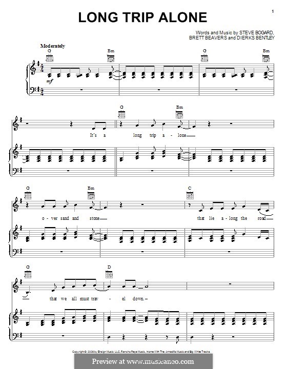Long Trip Alone (Dierks Bentley): For voice and piano (or guitar) by Brett Beavers, Steve Bogard