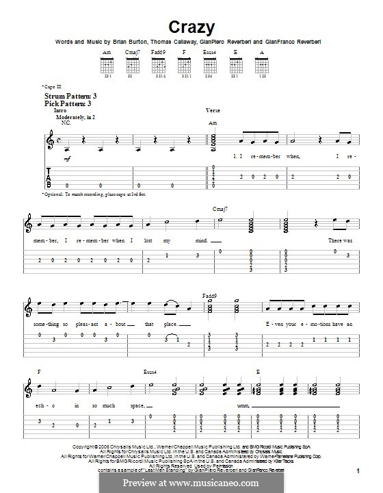 Crazy (Gnarls Barkley): For guitar (very easy version) by Brian Burton, Gian Piero Reverberi, Gianfranco Reverberi, Thomas Callaway