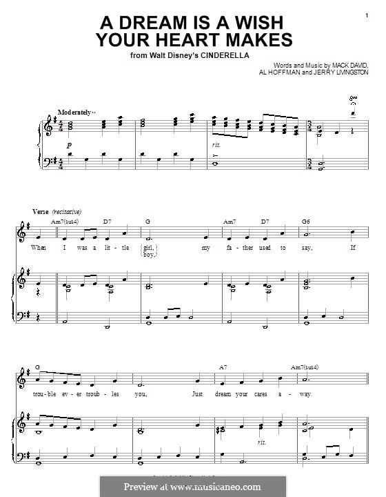 A Dream Is a Wish Your Heart Makes (from Disney's Cinderella): For voice and piano (or guitar) by Al Hoffman, Jerry Livingston, Mack David