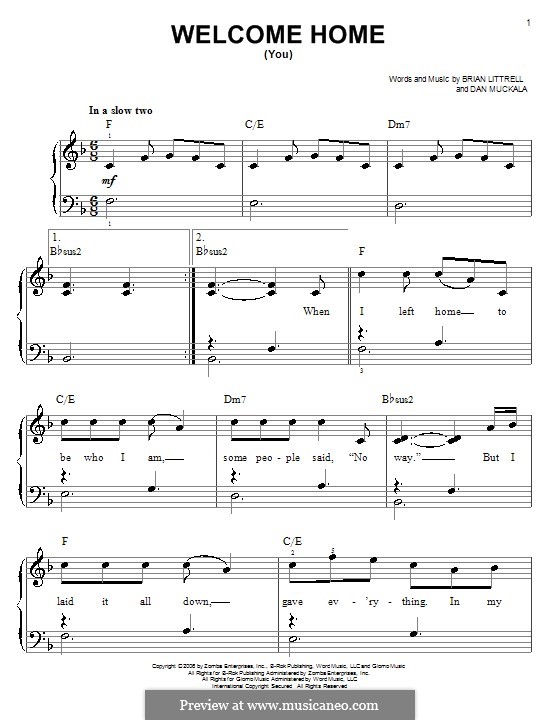 Welcome Home (You): For easy piano by Brian Litrell, Dan Muckala