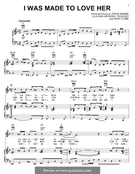 I Was Made to Love Her (Stevie Wonder): For voice and piano (or guitar) by Henry Cosby, Lula Mae Hardaway, Sylvia Moy