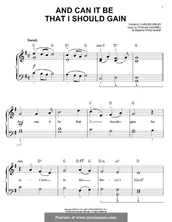 And Can It Be That I Should Gain: For easy piano by Thomas Campbell