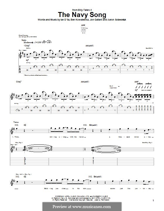 The Navy Song (Billy Talent): For guitar with tab by Aaron Solowoniuk, Ben Kowalewicz, Ian D'Sa, Jon Gallant