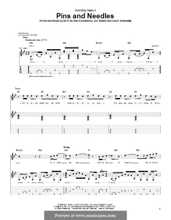 Pins and Needles (Billy Talent): For guitar with tab by Aaron Solowoniuk, Ben Kowalewicz, Ian D'Sa, Jon Gallant