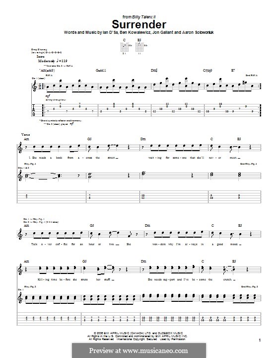 Surrender (Billy Talent): For guitar with tab by Aaron Solowoniuk, Ben Kowalewicz, Ian D'Sa, Jon Gallant