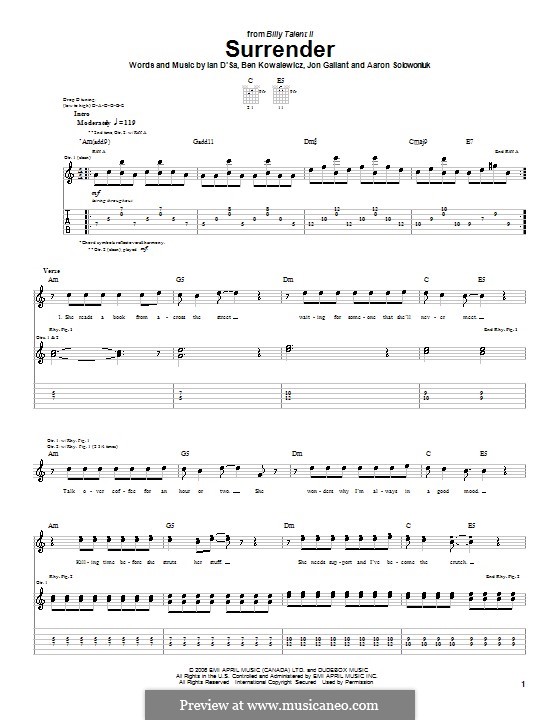 Surrender (Billy Talent): For guitar with tab by Aaron Solowoniuk, Ben Kowalewicz, Ian D'Sa, Jon Gallant