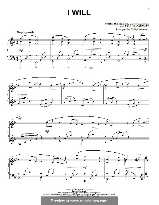 I Will (The Beatles): For piano by John Lennon, Paul McCartney