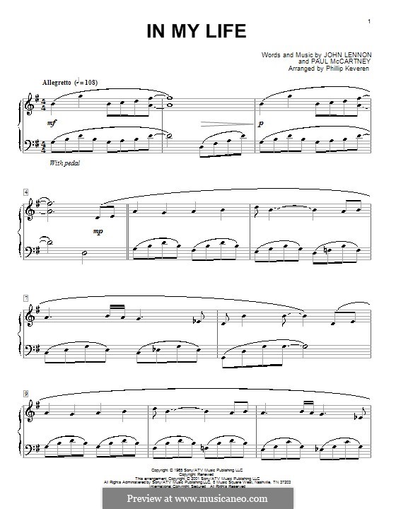 In My Life (The Beatles): For piano by John Lennon, Paul McCartney