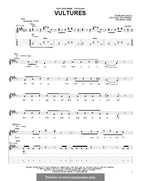 Vultures (John Mayer): For guitar with tab by Pino Paladino, Steven Jordan