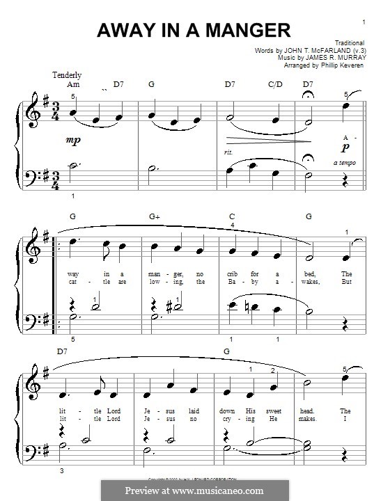 Away in a Manger (Printable Scores): For piano (very easy version) by James R. Murray