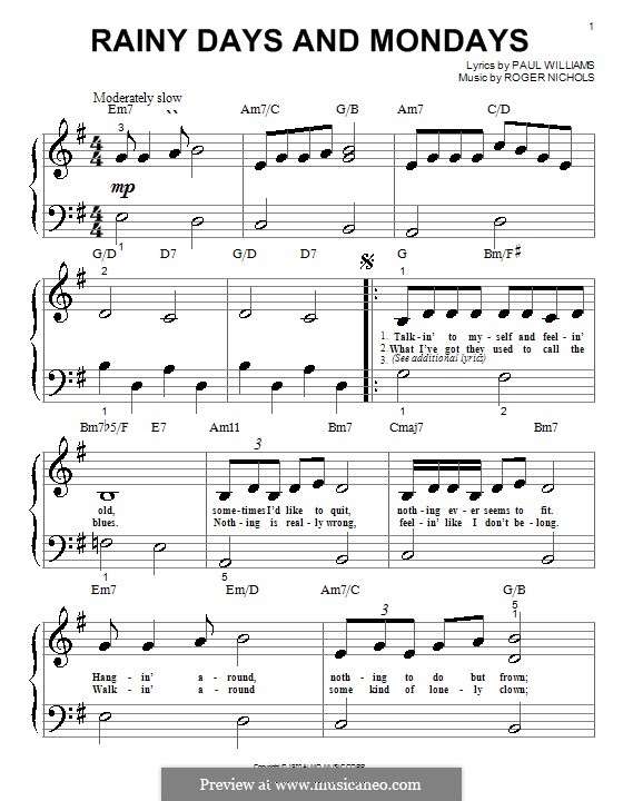 Rainy Days and Mondays Sheet Music | Carpenters | Piano Chords/Lyrics