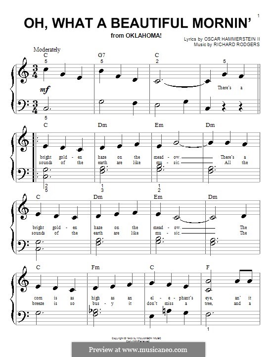 Oh, What a Beautiful Mornin' (from 'Oklahoma!'): Very easy version for piano by Richard Rodgers