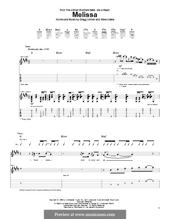 Melissa (The Allman Brothers Band): For guitar with tab by Gregg Allman, Steve Alaimo