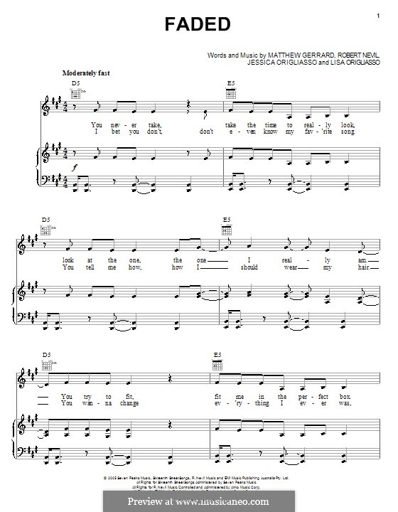 Faded (Everlife): For voice and piano (or guitar) by Jessica Louise Origliasso, Lisa Marie Origliasso, Matthew Gerrard, Robbie Nevil