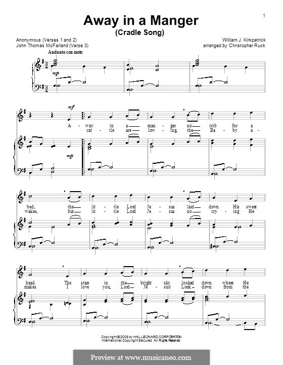 Away in a Manger: For voice and piano (or guitar) by William (James) Kirkpatrick