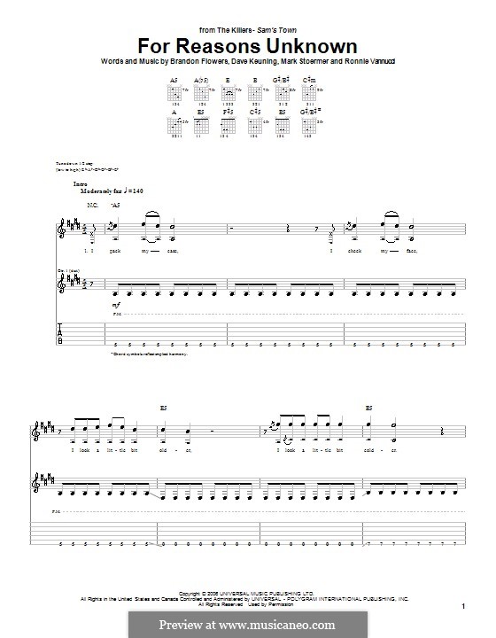 For Reasons Unknown (The Killers): For guitar with tabulature by Brandon Flowers, Dave Keuning, Mark Stoermer, Ronnie Vannucci