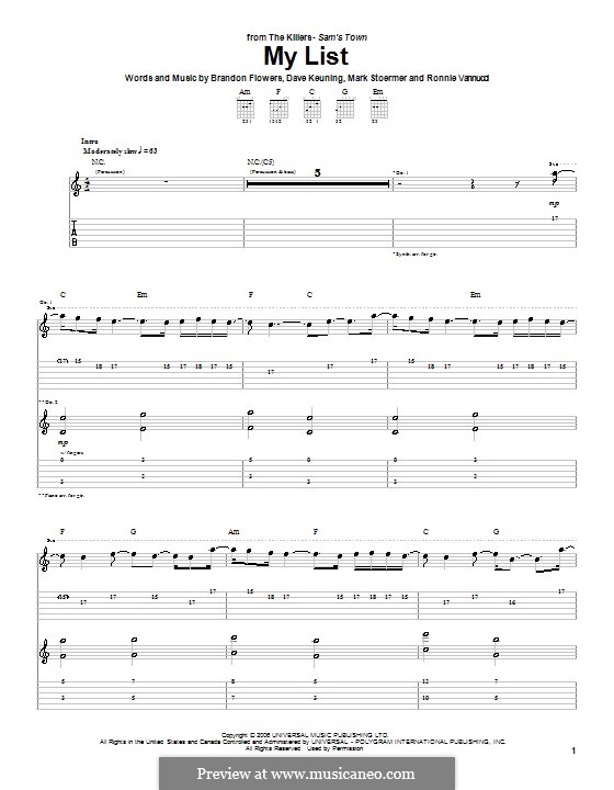 My List (The Killers): For guitar with tabulature by Brandon Flowers, Dave Keuning, Mark Stoermer, Ronnie Vannucci