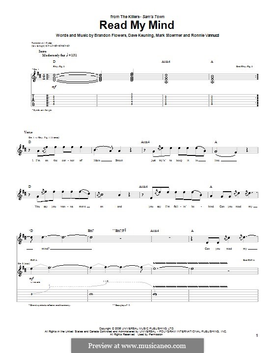 Read My Mind (The Killers): For guitar with tabulature by Brandon Flowers, Dave Keuning, Mark Stoermer, Ronnie Vannucci