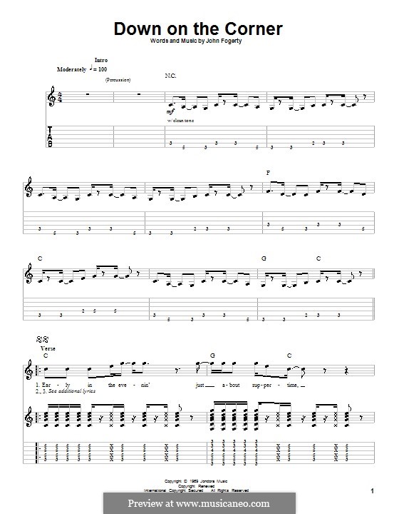 Down on the Corner (Creedence Clearwater Revival): For guitar with tab by John C. Fogerty