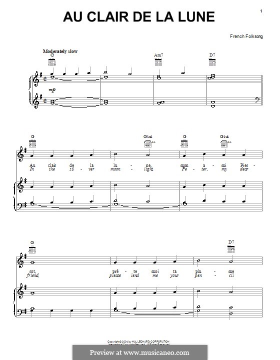 Au Claire de la Lune: For voice and piano (or guitar) by folklore