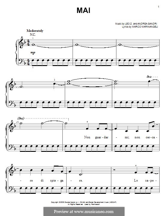 Mai (Josh Groban): For easy piano by Andrea Sandri, Leo Z., Marco Marinangeli