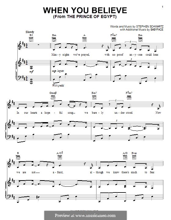 When You Believe (from The Prince of Egypt): For voice and piano or guitar (Mariah Carey and Whitney Houston) by Stephen Schwartz