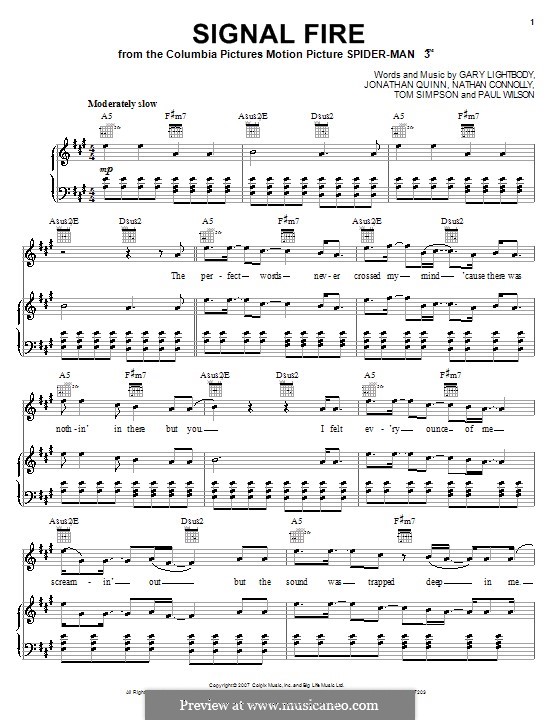 Signal Fire (Snow Patrol): For voice and piano (or guitar) by Gary Lightbody, Jonathan Quinn, Nathan Connolly, Paul Wilson, Tom Simpson