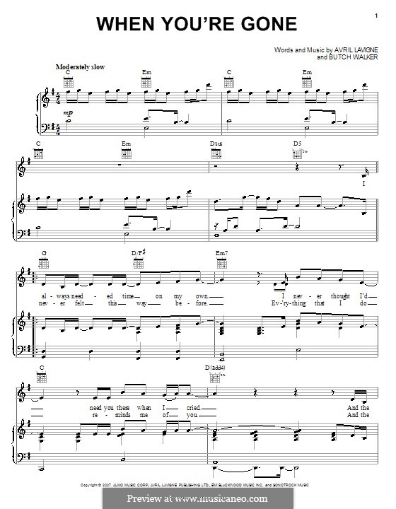When You're Gone: For voice and piano (or guitar) by Avril Lavigne, Butch Walker