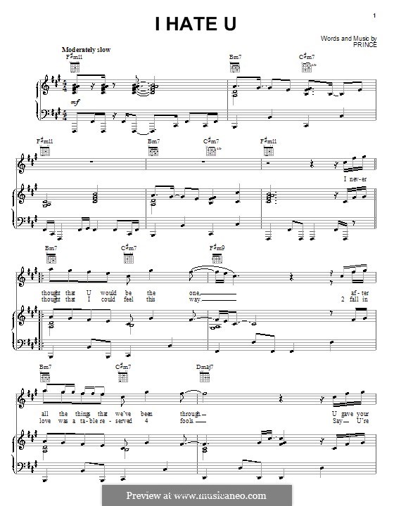 I Hate U: For voice and piano (or guitar) by Prince