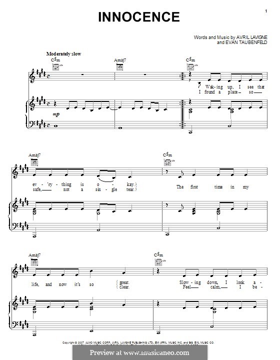 Innocence (Avril Lavigne): For voice and piano (or guitar) by Evan Taubenfeld