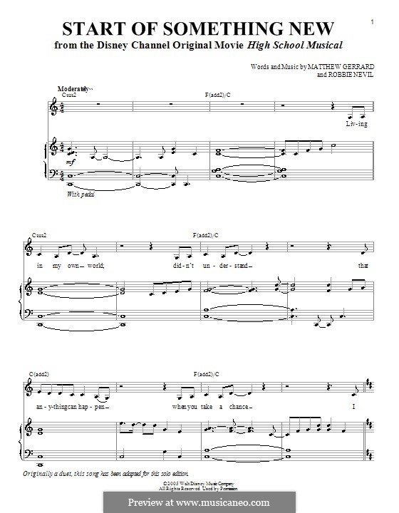 Start of Something New (from High School Musical): For voice and piano (or guitar) by Matthew Gerrard, Robbie Nevil