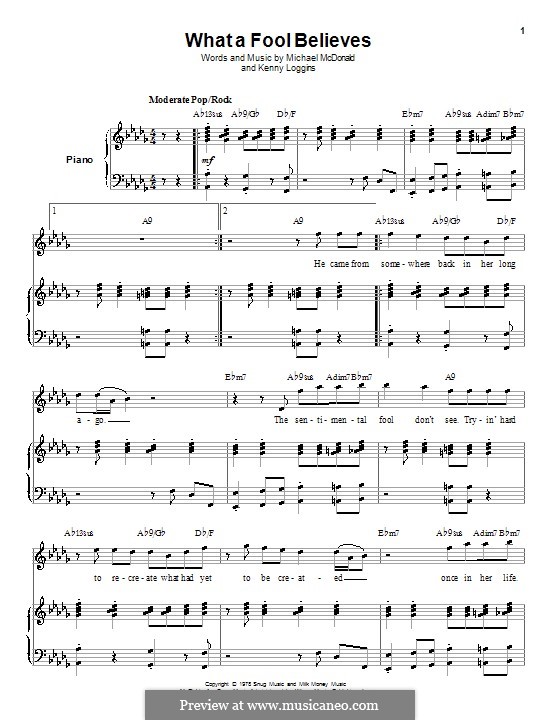What a Fool Believes (The Doobie Brothers): For voice and piano (or guitar) by Kenny Loggins, Michael McDonald