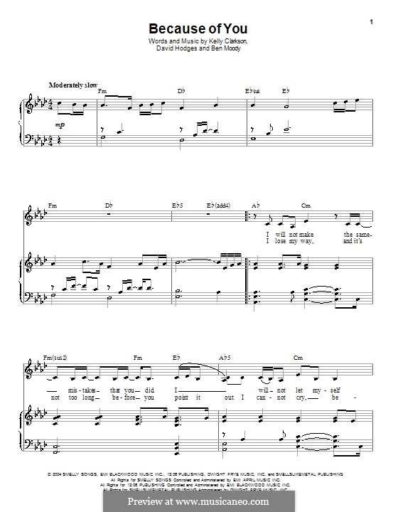 Because of You: For voice and piano (or guitar) by Ben Moody, David Hodges, Kelly Clarkson