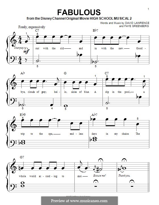 Fabulous (High School Musical 2): For piano (very easy version) by David N. Lawrence, Faye Greenberg