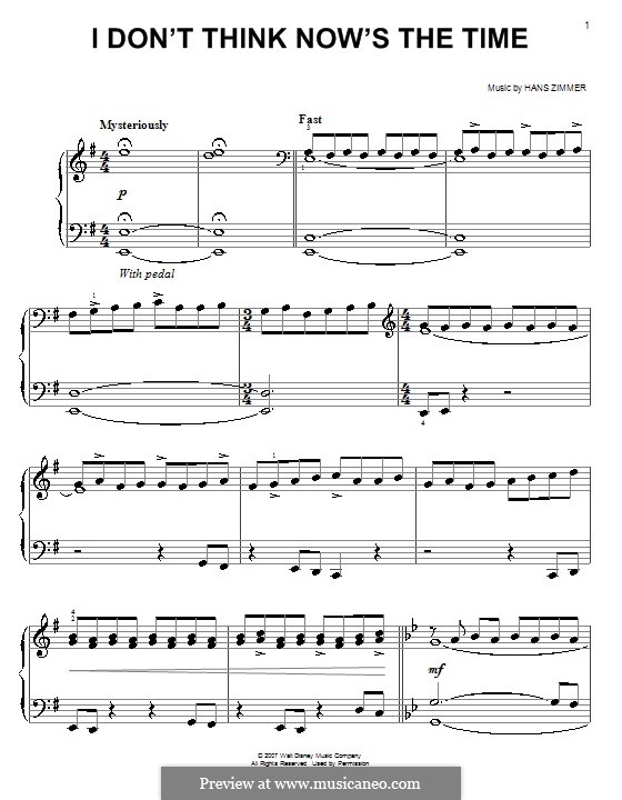 I Don't Think Now's the Time (from Pirates of the Caribbean: At World's End): For easy piano by Hans Zimmer