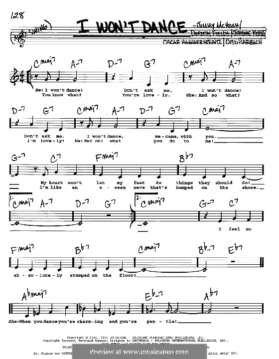 I Won't Dance (from Roberta): Melody, lyrics and chords - C instruments by Jerome Kern