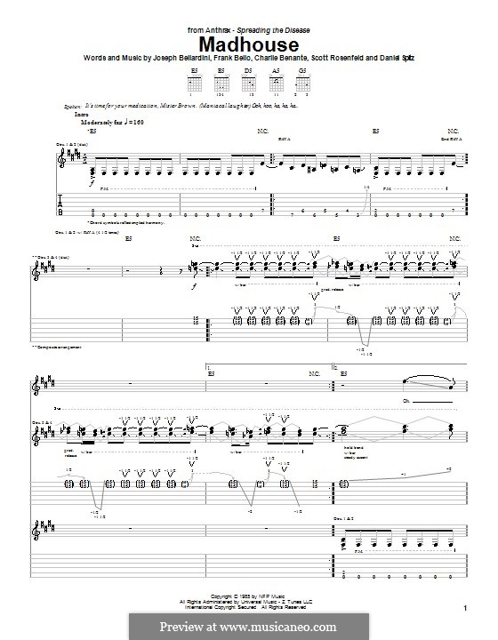 Madhouse (Anthrax): For guitar with tab by Charlie Benante, Daniel Spitz, Frank Bello, Joseph Bellardini, Scott Ian Rosenfeld